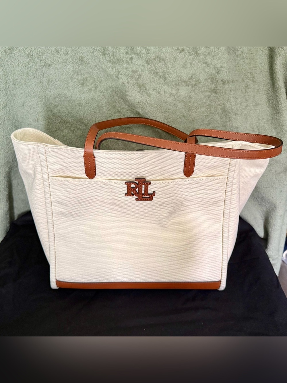 Ralph Lauren Cream Canvas Tote with Brown Leather Trim